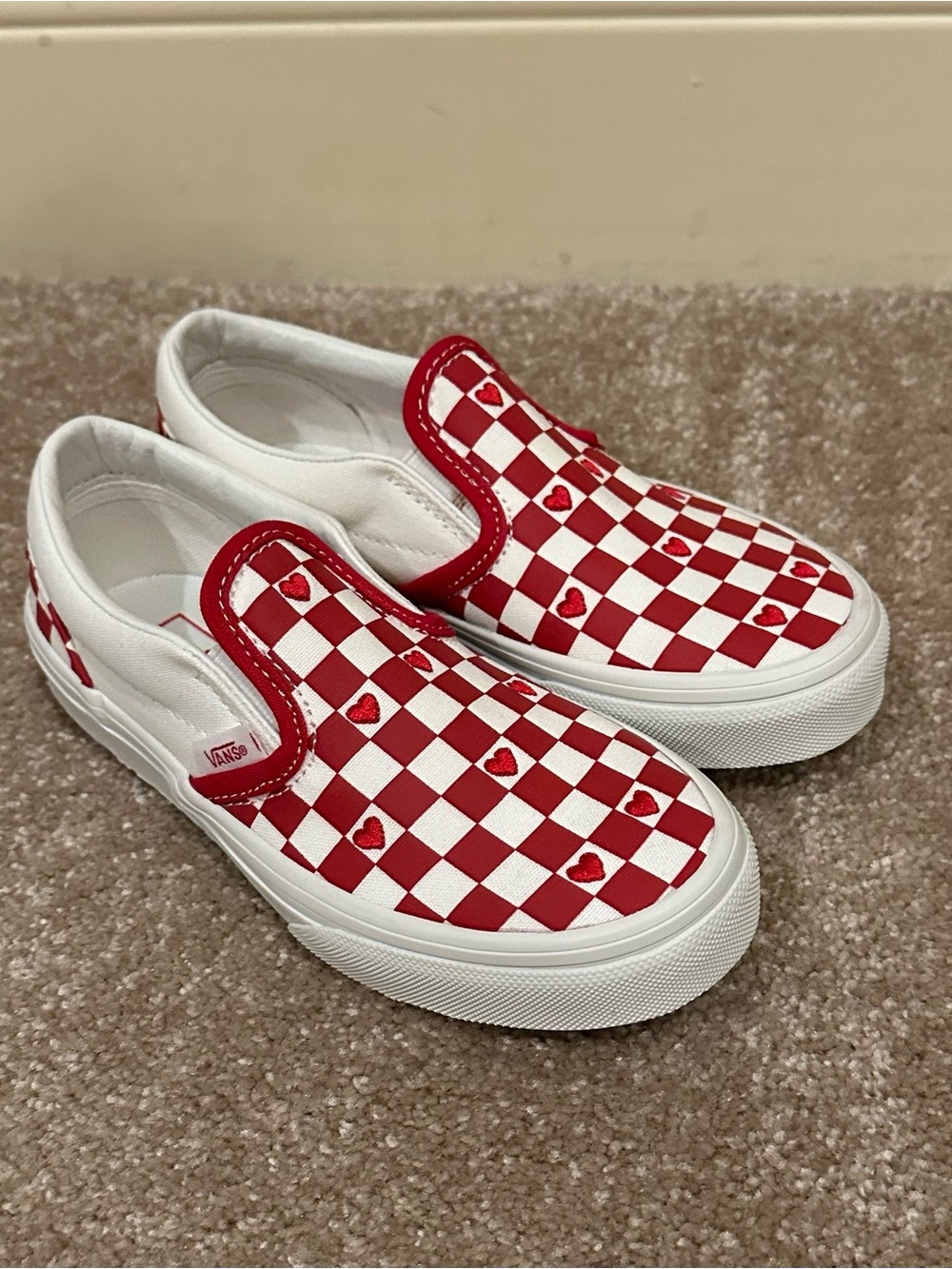 Vans Kids Slip-On Checkerboard in Red & White with Heart Accents